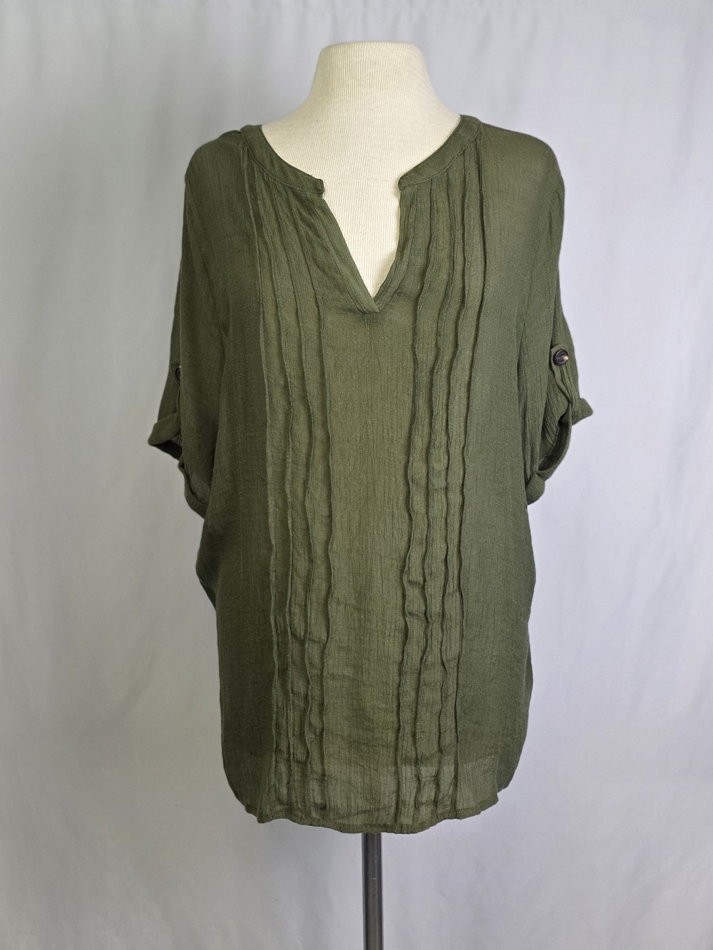Perseption Olive Green Pintuck V-Neck Tunic Size 3X